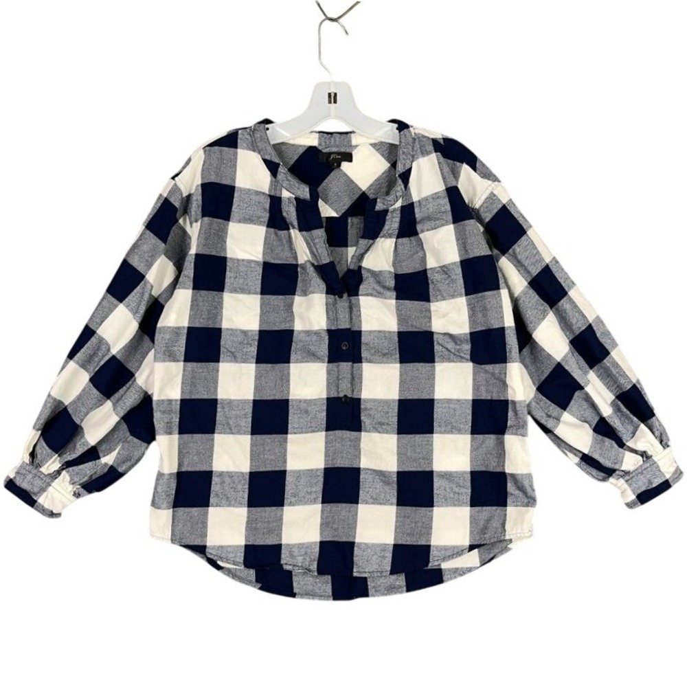 J.Crew Blouse Womens Small Blue‎ V-neck Plaid Flannel Relaxed Fit Baggy Peasant